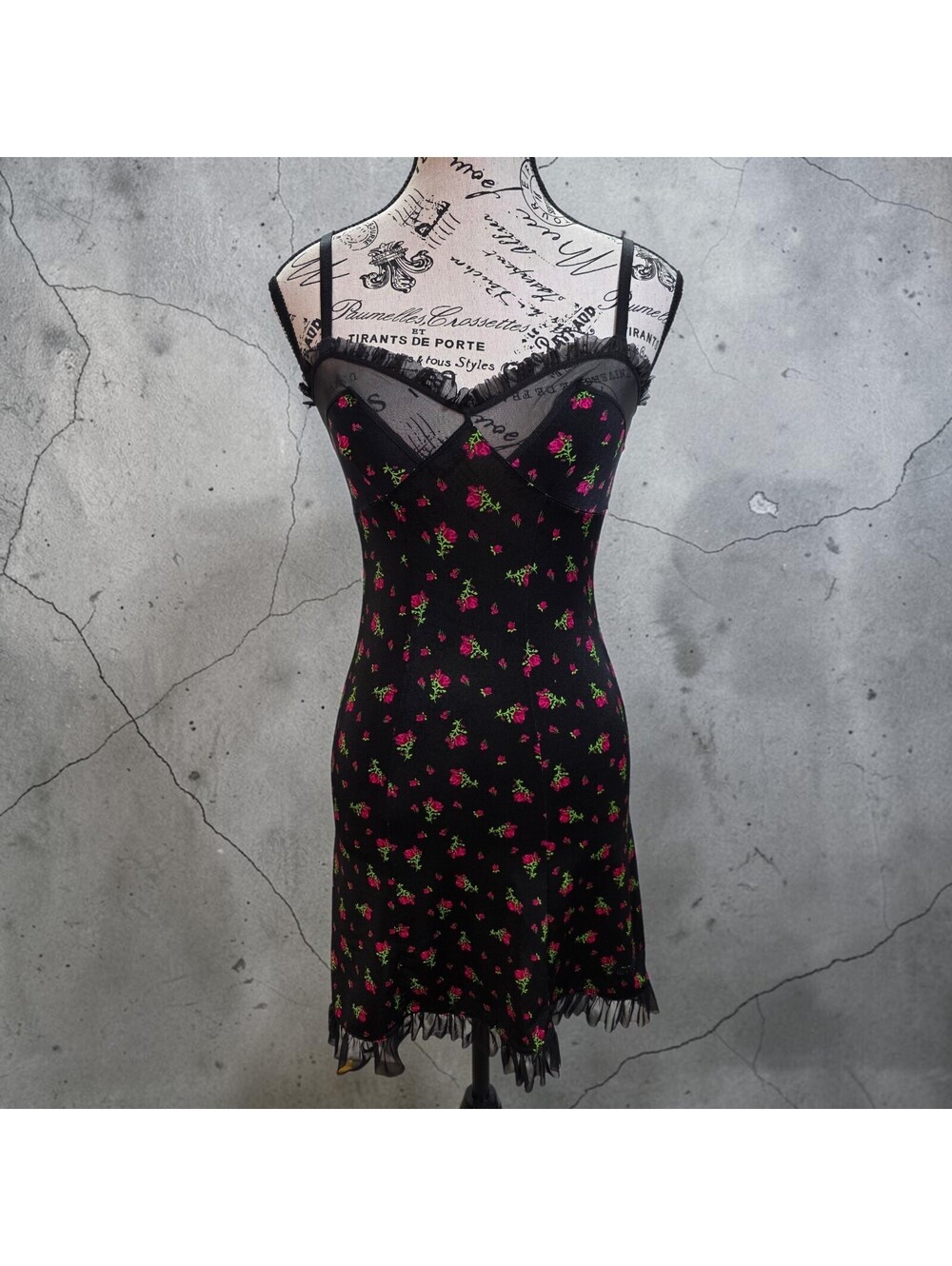 Victoria’s Secret Floral Slip Dress S Y2K Goth Whimsigoth Sheer Mesh Ruffle VTG